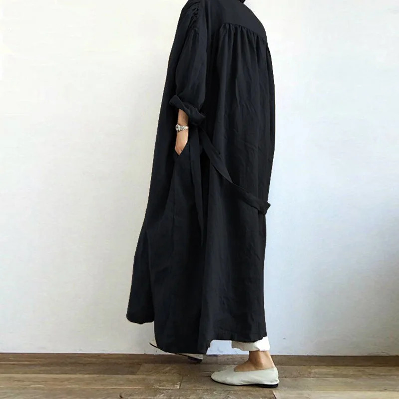 Fashion Women Long Sleeve Open Front Cotton Linen Coat Blouse Vintage Long Cardigan Autumn Solid Shirt Loose Tunic Top Lace Up 241010