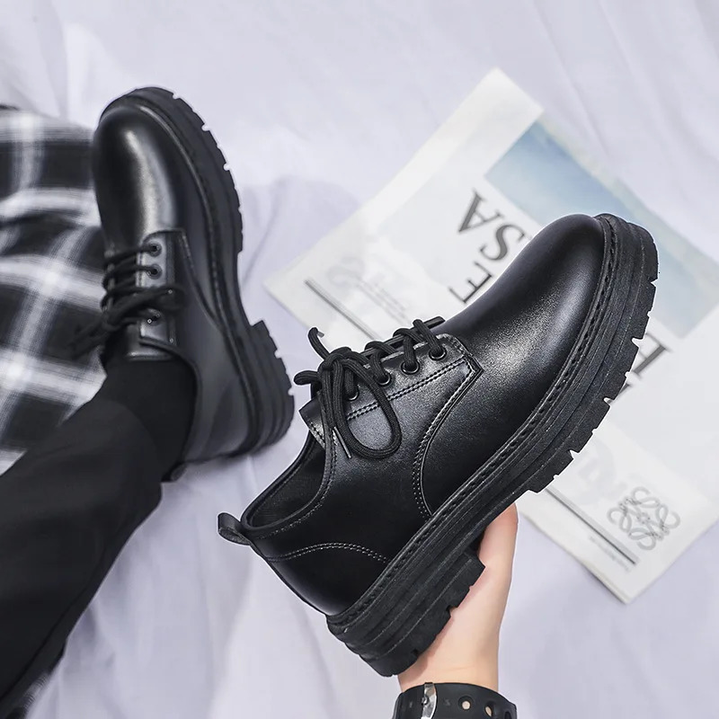 Mens formal shoes casual business leather shoes British style student thick soled lace round toe non slip comfortable outdoor shoes 241007