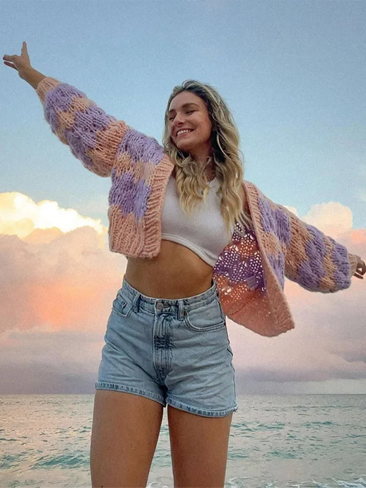 Color Blocking Knitted Cardigan For Women Casual Loose Long Sleeve Crop Sweater Female Streetwear Fashion Autumn Winter 241009