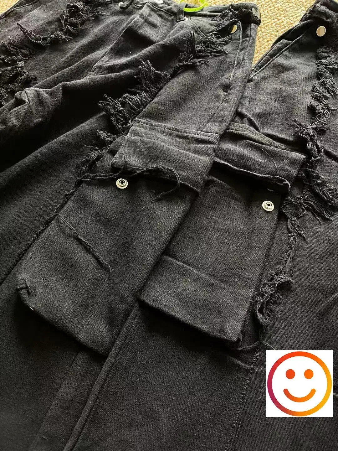 Multipocket Vujade Tassel Washed Do Old Jeans Black Cargo Pants Men Women Hip Hop Midwaist Casual Loose Flared Trousers 241011
