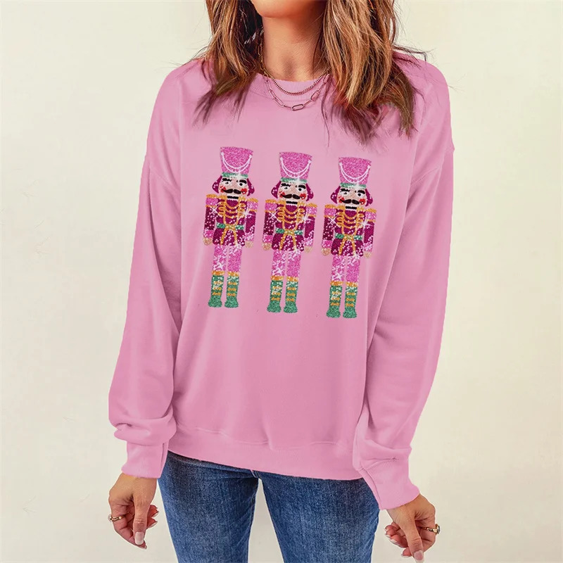 2024 Women Christmas Fashion Sequin Sleeve Top Sweatshirt Ladies 2024 Year Nutcracker Crew Neck Sweatshirt For Women 241011