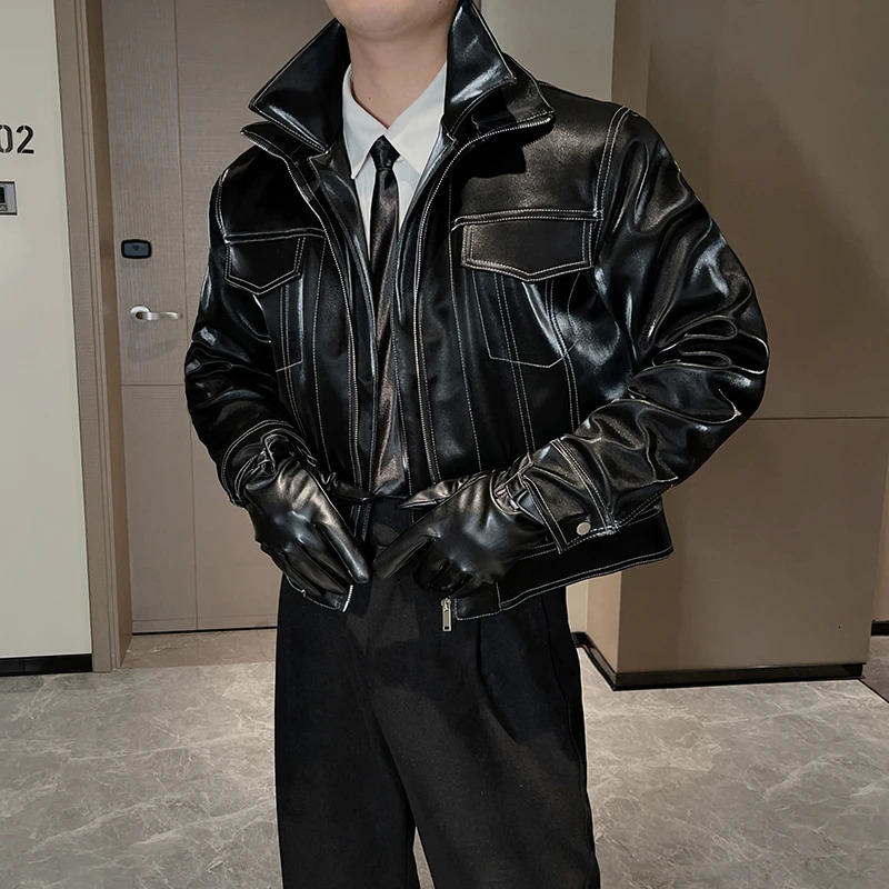 IEFB Mens Leather Jackets Autumn Winter Short Style Motorcycle Clothes Two Piece Niche Casual Windbreaker 9C2366 241011