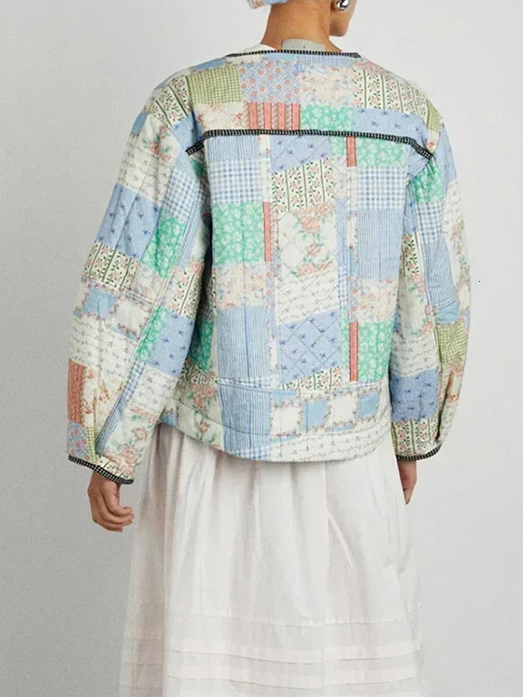 Womens Winter Jacket Printed Patch Work Warm Cotton Jacket Womens Pocket Single Piece Jacket Autumn Womens Street Clothing 241007