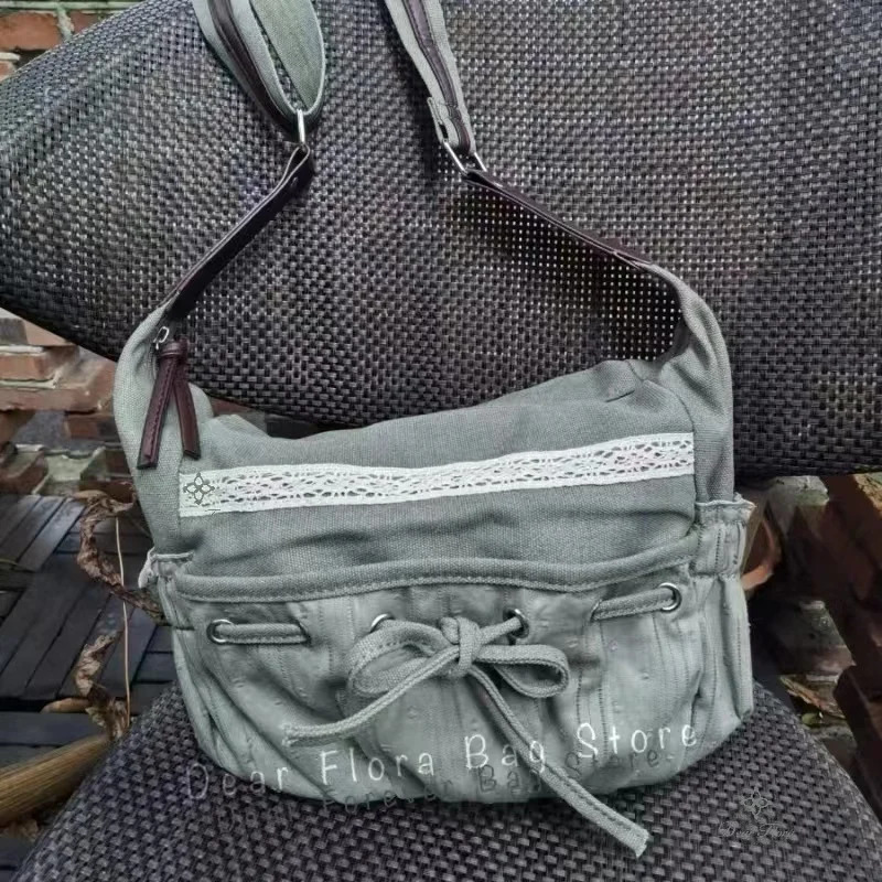 Cute bow canvas shoulder bag womens retro casual cross body bag womens retro messenger bag Showy handbag fashion wallet 241008