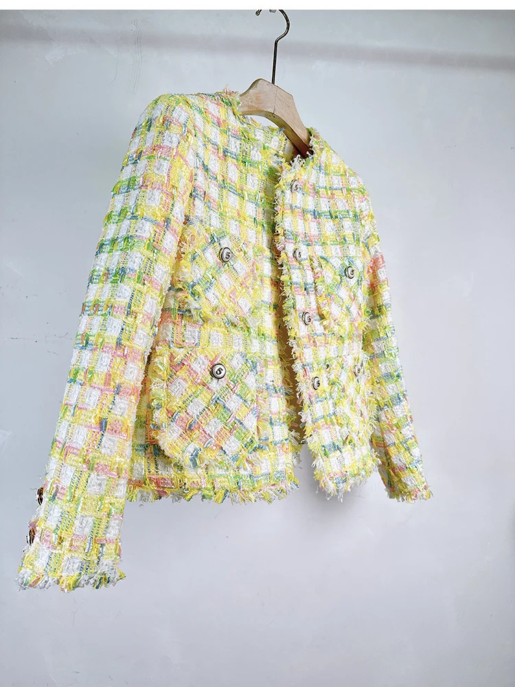 HighEnd Fall Winter y Elegant Woolen Tweed Jacket For Women AllMatch Plaid Pocket n Coats Female Casacos 241011