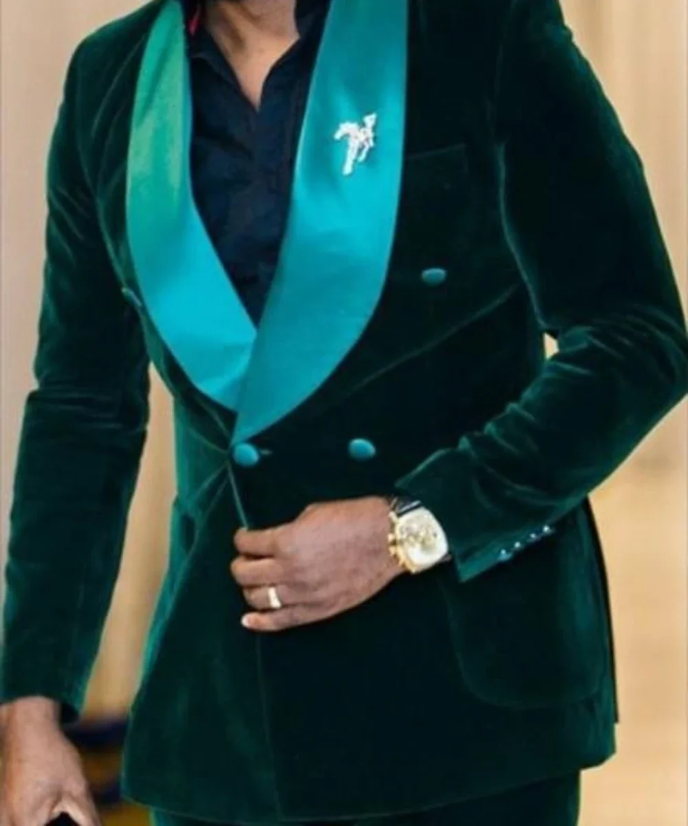 Wedding Suits For Men Double Breasted Slim Fit Groom Tuxedo Shawl Lapel Fashion Dark Green Velvet Suit Smoking Jacket Pants 2024