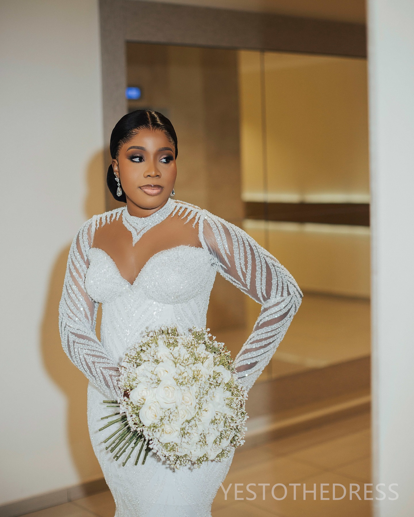 2024 Plus Size Aso Ebi Wedding Dress Bridal Gowns For Bride Sheer Neck Illusion Mermaid Long Sleeves Beaded Lace Wedding Gowns for African Black Women