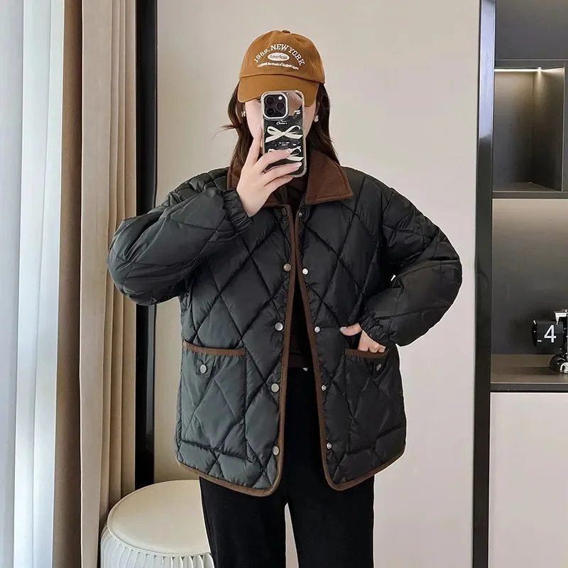 Lingge CottonPadded Jacket Women 2024 Loose Large Size Big Pocket Short Cotton Coat Autumn Winter Fashion Puffer Coats 240930