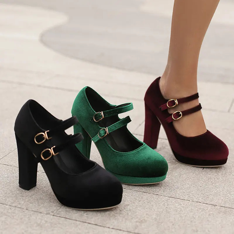 Velour Velvet Round Toe Green Burgundy Color Double Buckle Belt Block High Heels Women Pumps Platform Retro Lady Mary Janes Shoe 241010