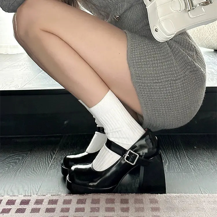 2025 new mary jane heels Women Pu Leather Ankle Buckle High Heels Platform shoes Woman Thick Heeled Goth white Pumps 240927