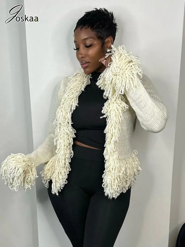 Joskaa Vintage Fringe Sweater Jacket Hipster Sexy Long Sleeve Knit Cardigan Tops Fall 2023 Fashion Outerwear Streetwear 241009