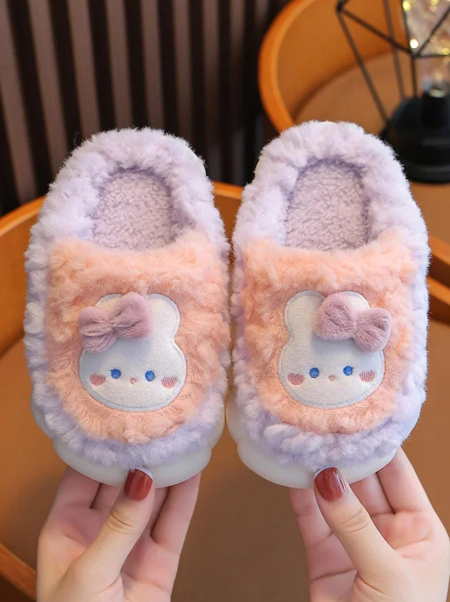 Kids Warm Plush Slippers Autumn Winter Boys Girls Cartoon Rabbit Bear Animal Cotton Slippers Children Non Slip Indoor Home Plush Slippers Sizes 24-36