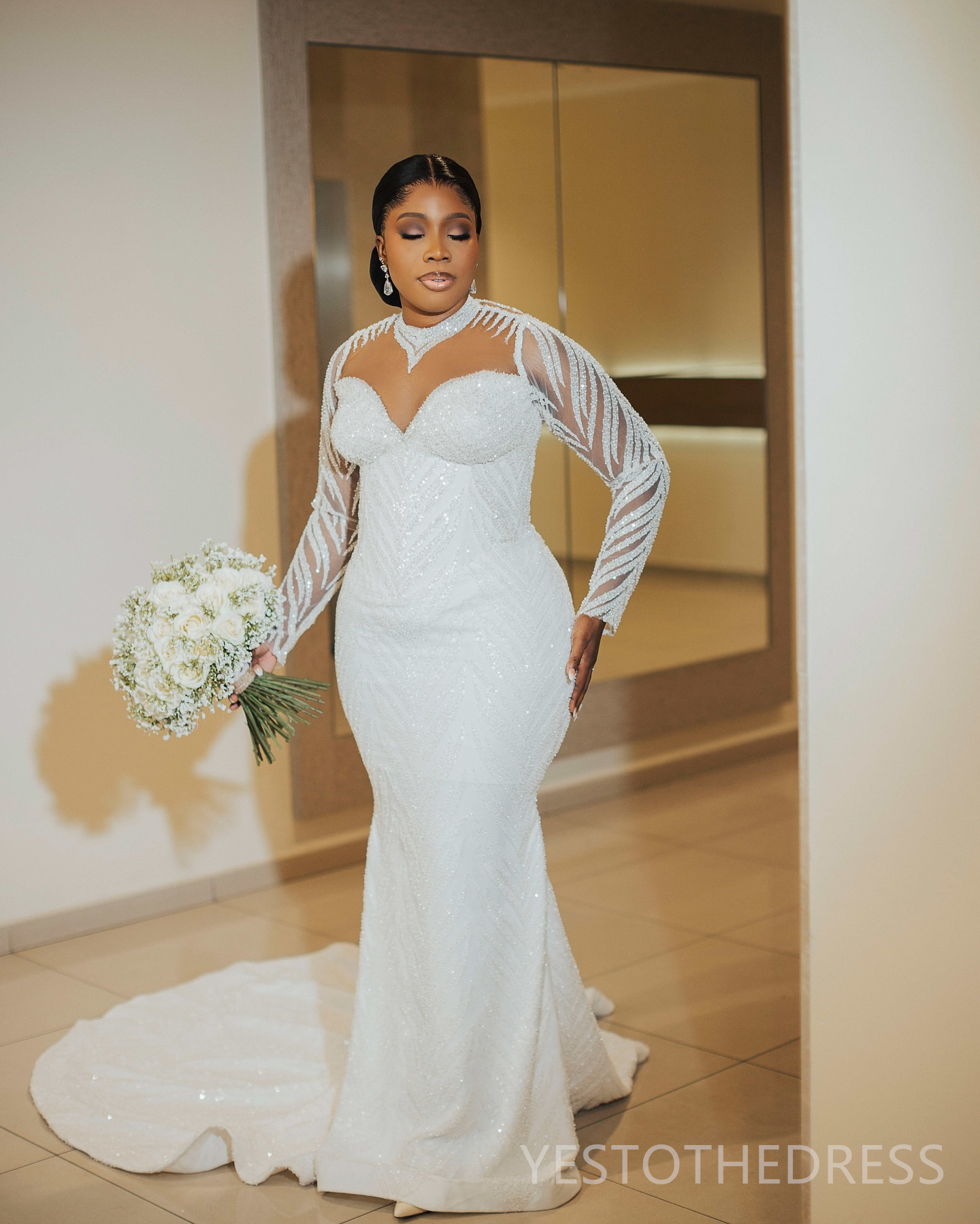 2024 Plus Size Aso Ebi Wedding Dress Bridal Gowns For Bride Sheer Neck Illusion Mermaid Long Sleeves Beaded Lace Wedding Gowns for African Black Women
