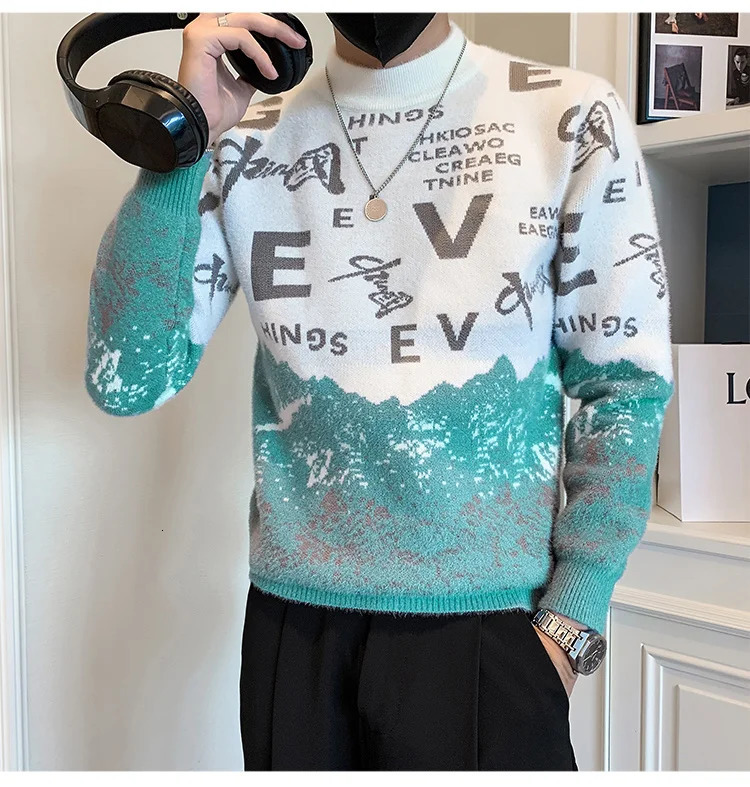 Half high neck ultra-thin crystal mink knitted sweater mens fashionable letter printed sweater at the bottom mens pullover sweater 241007