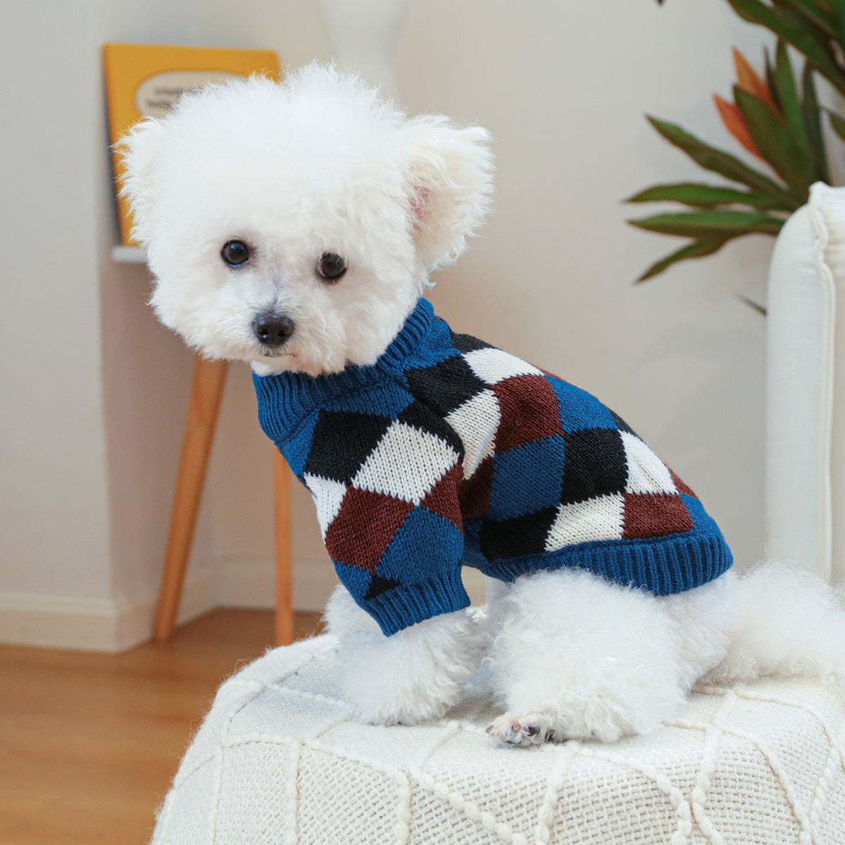 1PC pet clothing cat spring and autumn pullover blue coffee diamond grid sweater suitable for small and medium-sized dogs