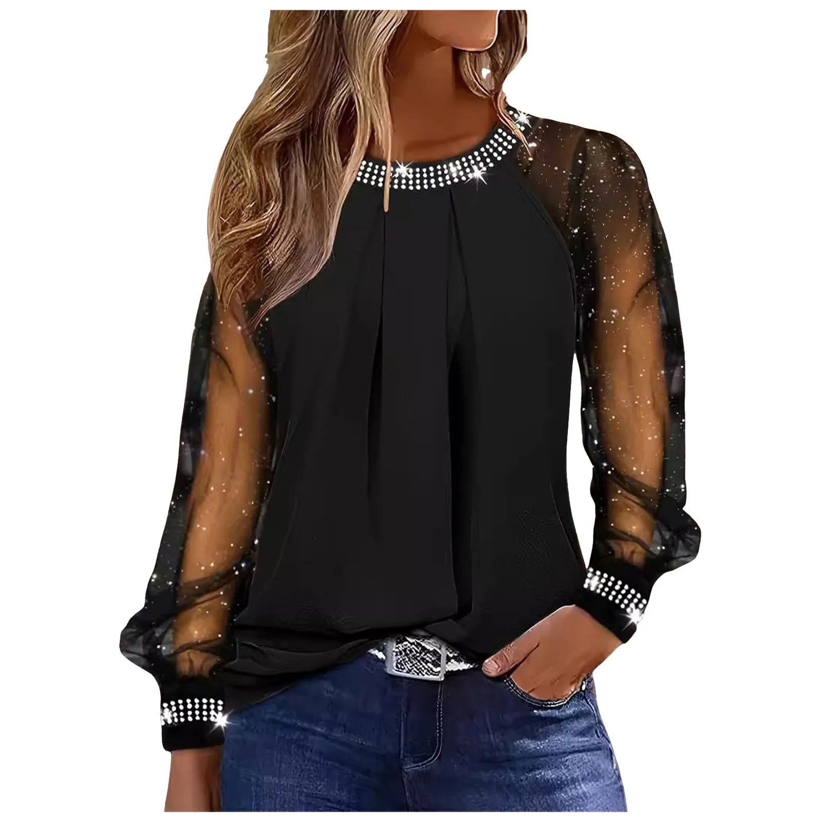 Woman Casual Rhinestone Sheer Mesh Patch Glitter Top Female Clothing WomenS Fashion Long Sleeve Daily TShirt 241011