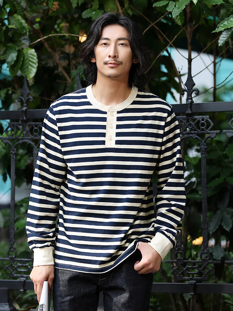 Vintage Sailors Striped Henley Shirts for Men Spring Autumn Long Sleeve 280GSM 100 Heavy Cotton Tshirt Male Tees Tops 241011