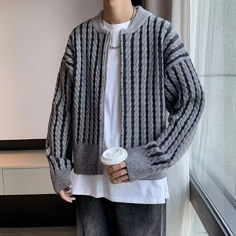 Mens Open Collar Loose Knitted Jacket Warm Korean Fashion Harajuku Sweater Mens Retro Long Sleeve Color Blocked Jacket 241011