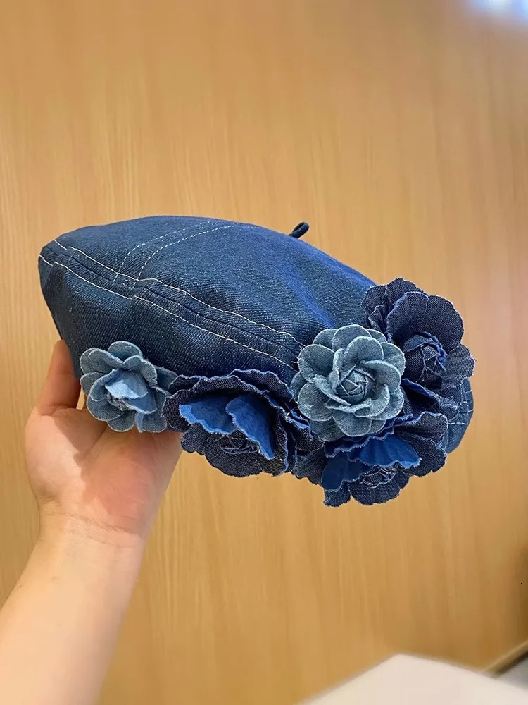 Ladies Denim Beret Hats Flower Cowboy Vintage Hat Women Retro Casual Painter Hat Female Trendy Spring Autumn Hat 241009