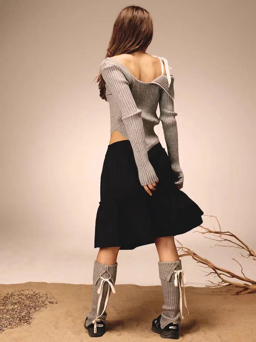 GLOWNY lace up knit top niche sweet and spicy off shoulder sweater base for women 241010