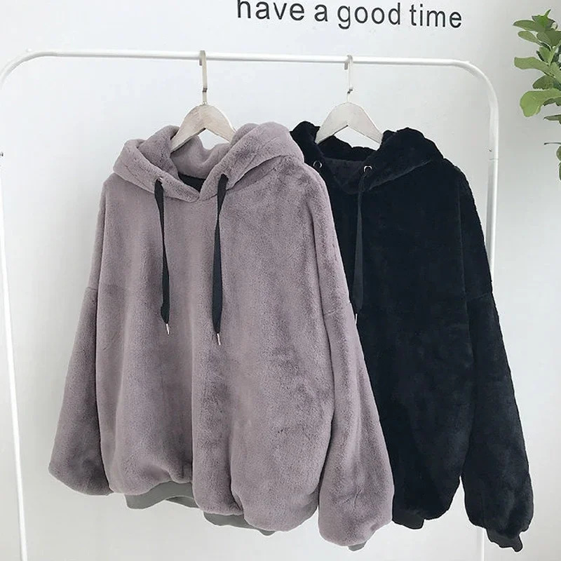 Winter Fluffy Hoodies Casual Fleece Warm Oversized Sweatshirt Women Faux Fur Christmas Pullovers Winter Coat Lazy Warm Jackets 241011