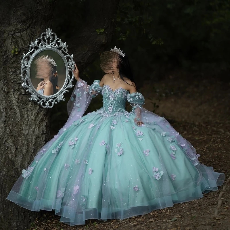 Light Green Shiny Off Shoulder Quinceanera Dresses Party Birthday Dress Floral Applique Princess With Cape Sweet 16 Vestidos Para XV 15Anos