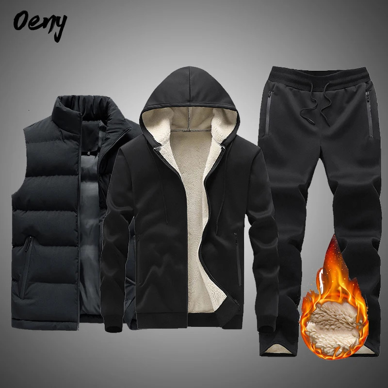 Fleece Men Set Fashion Tracksuit Lined Thick Hooded Sweatshirt Pants Sportswear 3Pcs Sets Male Winter Warm Outerwear 241011