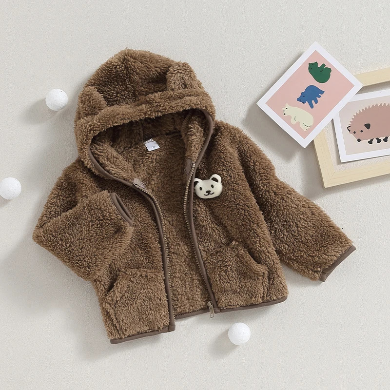 Hooded Coat Baby Boy Girl Fuzzy Jacket Winter Warm Clothes 3D Bear Zipper Sweatshirt Clre Fleece Tops Outerwear 241011