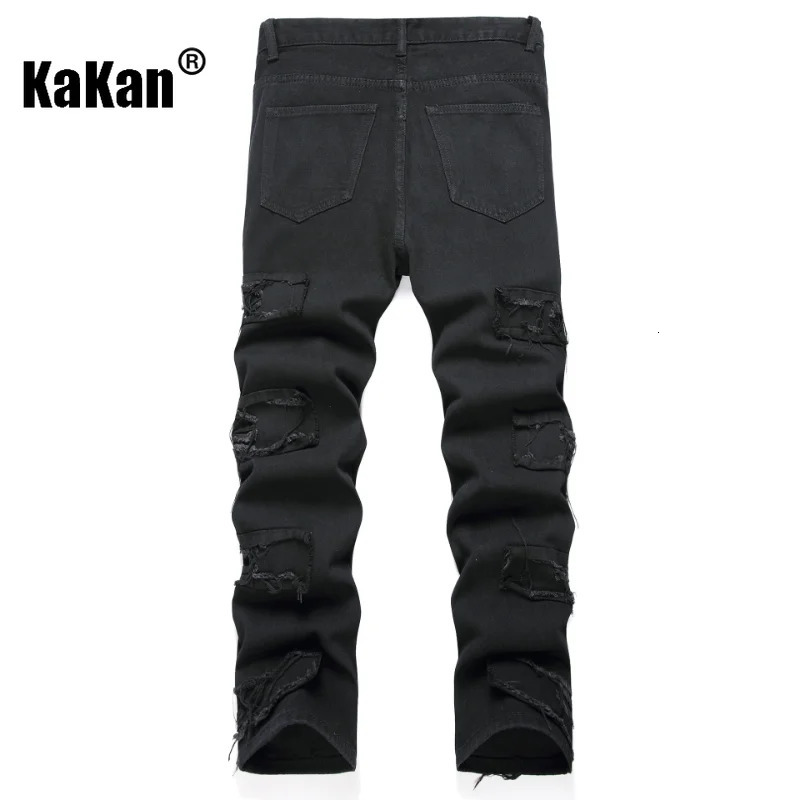 Kakan European and American casual slim fit small leg elastic straight mens jeans black scratch long 9010 241008
