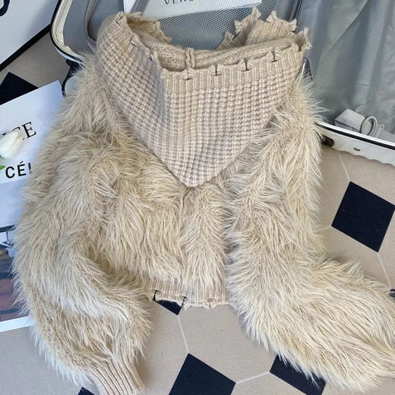 Mink Fur Coat Sweater Jacket Womens Autumn winter 2024 Short Hooded Knitted Cardigan 241009