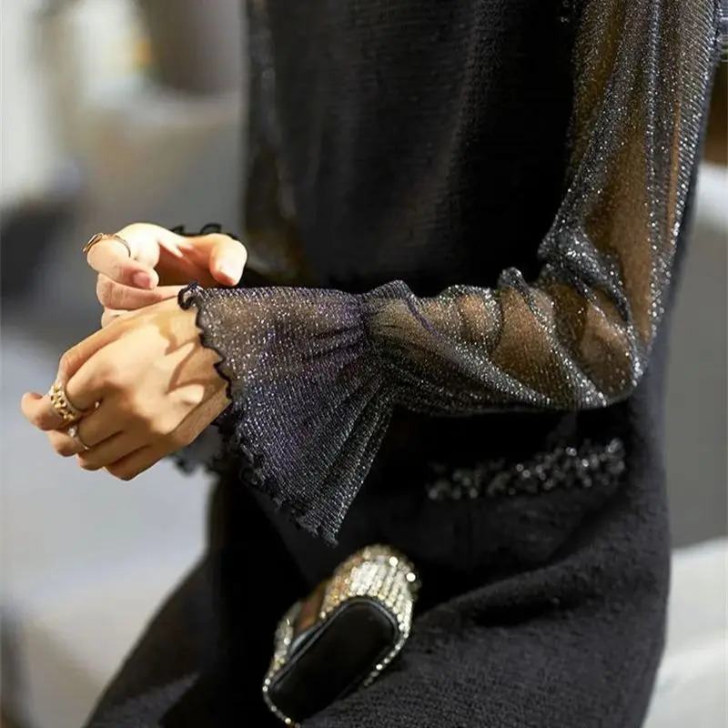 Autumn bright silk decal womens coarse tweed dress with pleated long sleeves elegant office ladies A-Line party Vestido 304P 241011