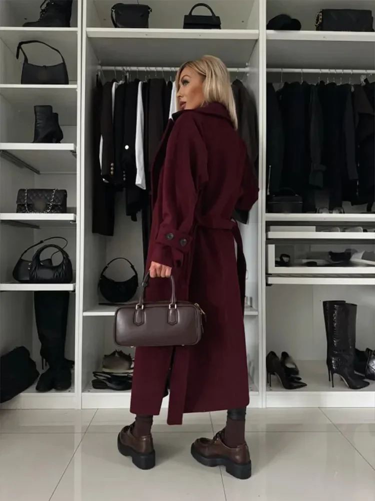 Elegant Burgundy Flip Tie Long Coat Womens Fashion Full Sleeve Side Split Solid Coat Autumn/Winter Womens Business Coat 241011