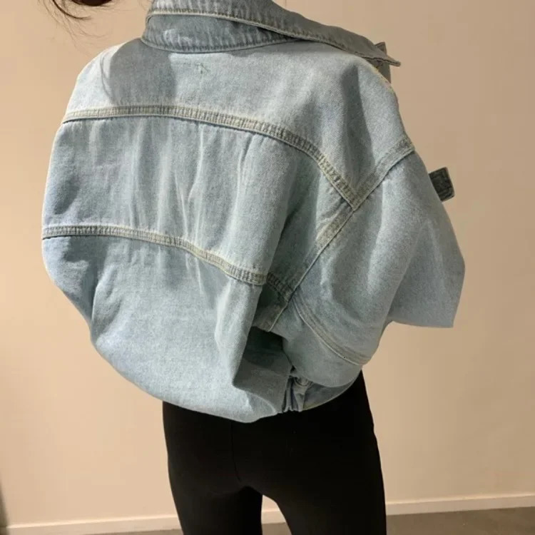 Korean Fashion Womens Flip Collar Demin Jacket Casual Loose Fluffy Sleeves Crop Coat Womens Fashion Retro Jeans Top 241010