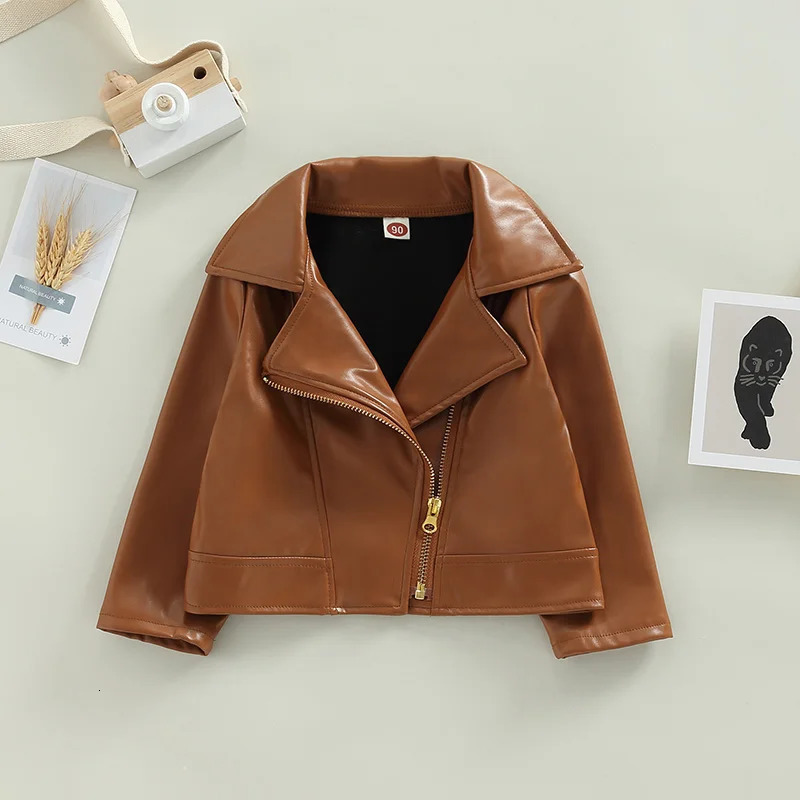 15years Kids Pu Leather Jacket Long Sleeve TurnDown Collar Zipper Clre Casual Outwear For Girls Spring Fall Coats 241011