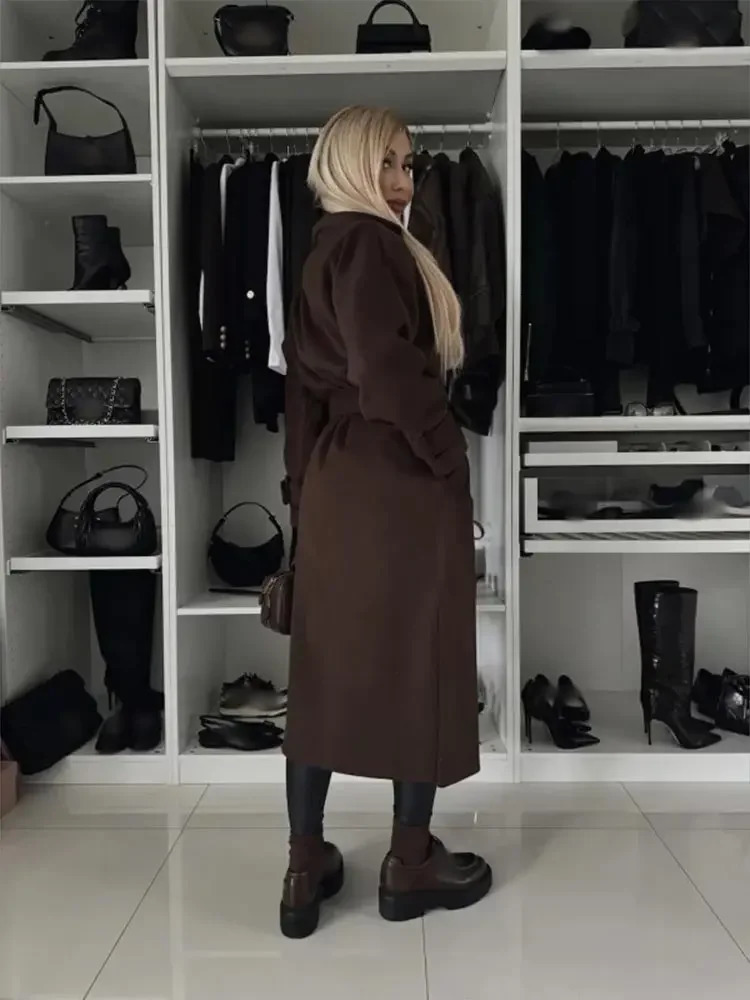 Elegant Burgundy Flip Tie Long Coat Womens Fashion Full Sleeve Side Split Solid Coat Autumn/Winter Womens Business Coat 241011
