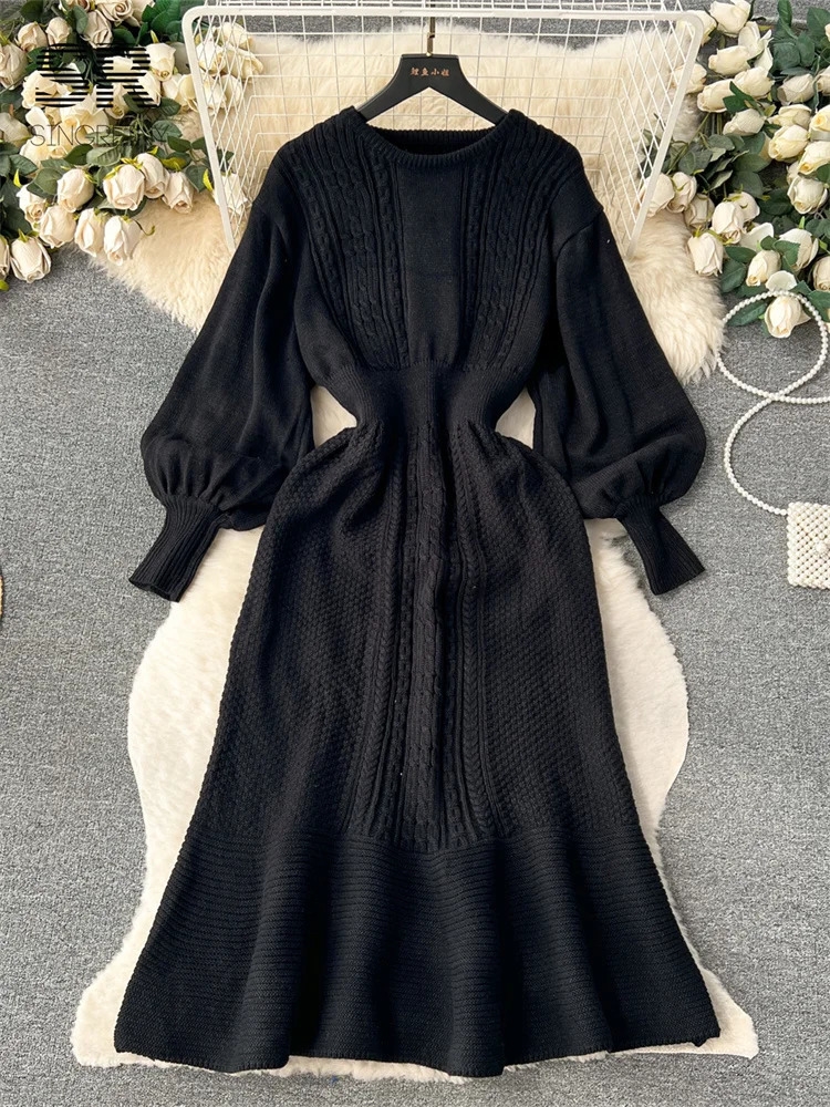 SINGREINY Loose Casual Knit Long Dress Women Solid Elastic Waist Lantern Sleeve O Neck Ladies Fashion Winter Sweater Dresses 241010