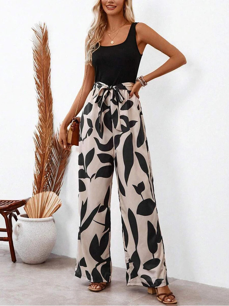 Elegant Sexy Jumpsuit Sleeveless Floral Print Patchwork Trousers Wide Leg Tanks Rompers Loose Style Belted Leotard Overal 240930