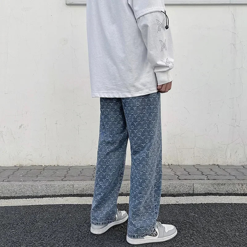 Jeans Mens 2023 Straight Lift Pattern Loose Wide Leg Casual Boyfriend Pants Men Clothing INS 241011