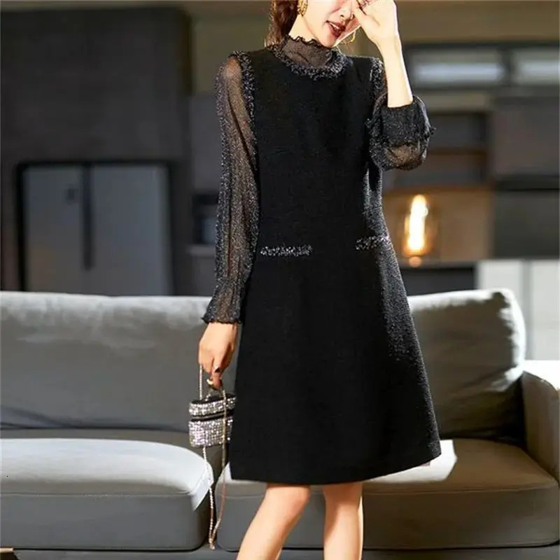 Autumn bright silk decal womens coarse tweed dress with pleated long sleeves elegant office ladies A-Line party Vestido 304P 241011