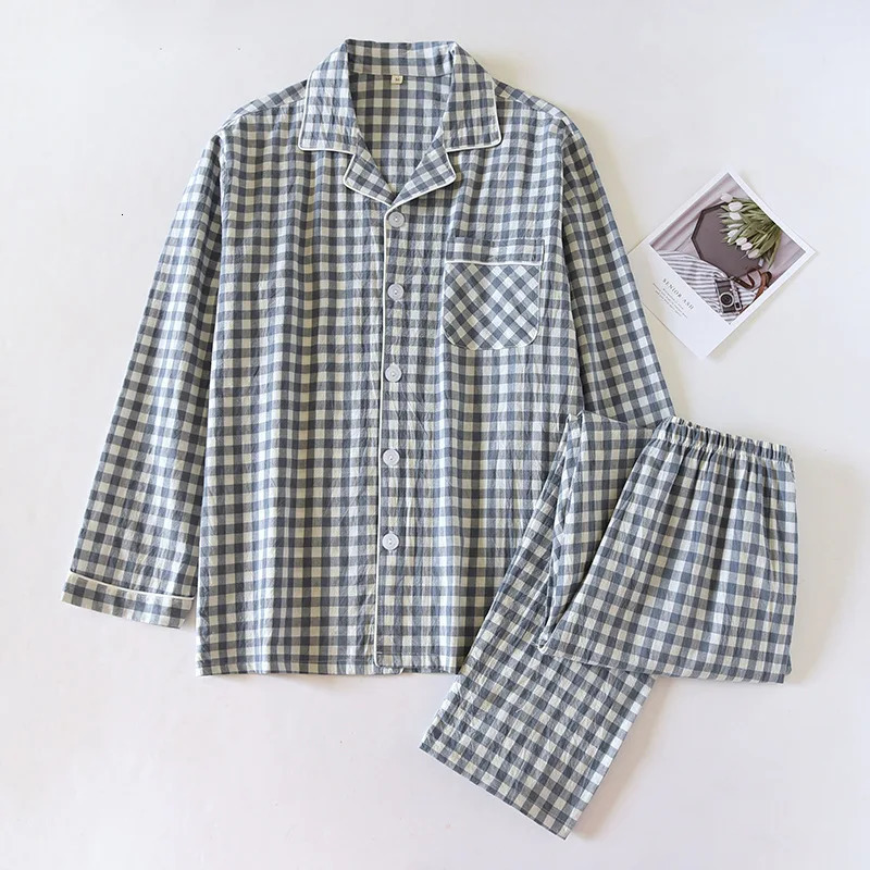 Japanese Spring/Summer Couples Pajama Set 100% Cotton Mens and Womens Checkered Long Sleeve Two Piece Home Furniture 241007