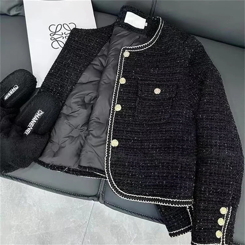 HighEnd Warm Down Cotton Jacket With Fragrance Tweed Woven Quilted Woolen Suit For Women Autumn Winter ONeck Short Top 241011