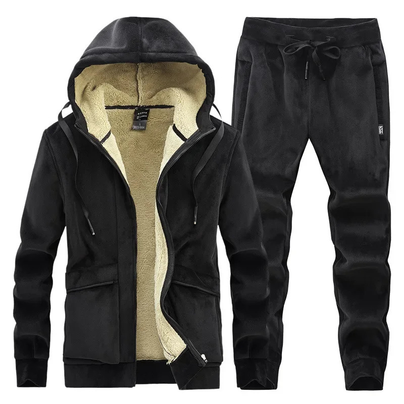 Thick and warm cashmere set hoodie wool sportswear windproof mens winter 2piece hoodiepants 241008