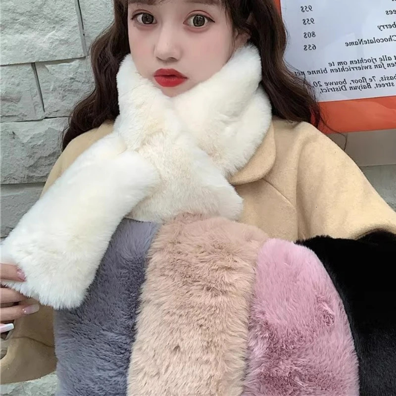 Korean Plush Artificial Rabbit Fur Thick Plush Shawl Womens Winter Outdoor Windproof Solid Color Cross Neck Protective Warm Scarf 241007