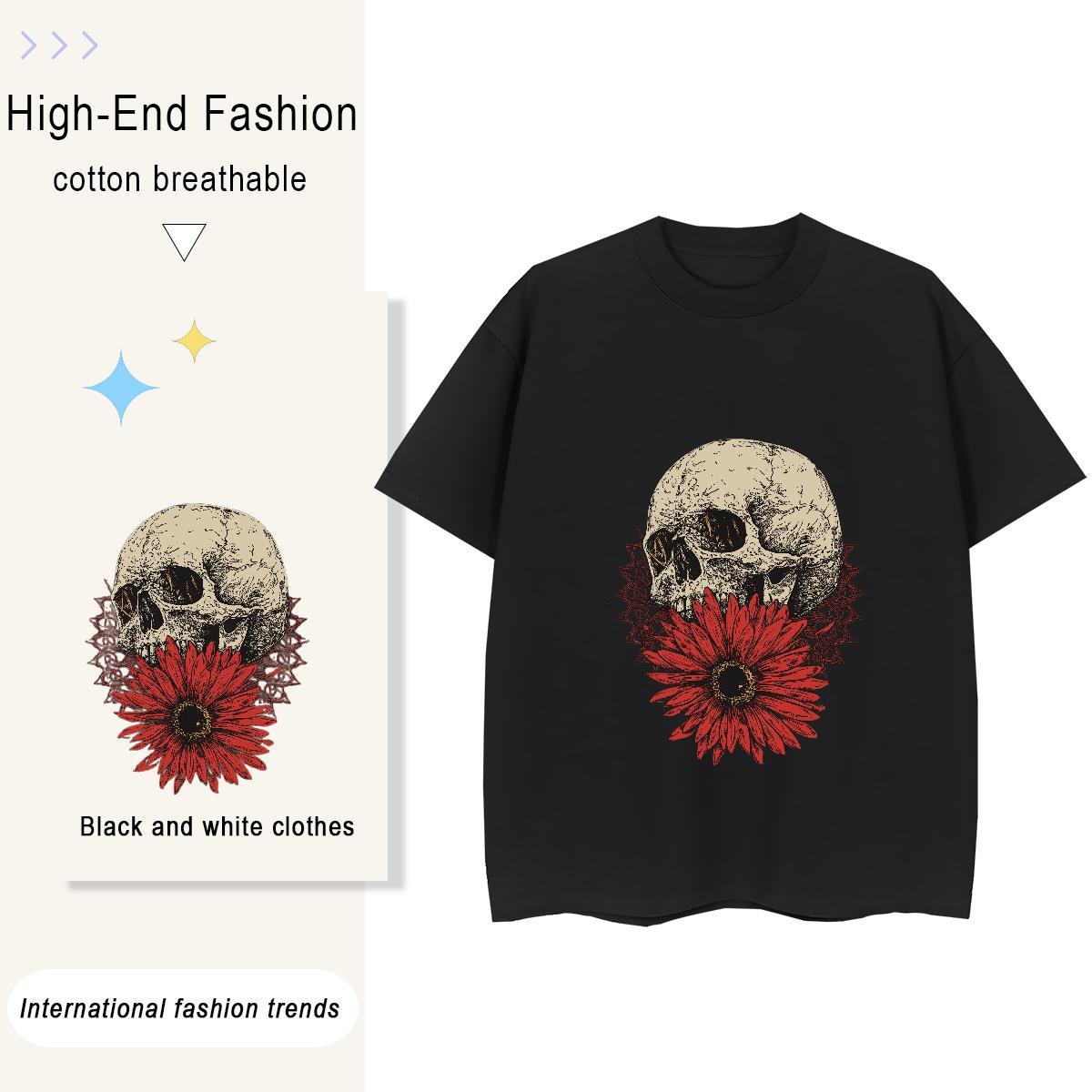 Casual New T Shirts Women 100% Cotton 230g Breathable Crew Neck Sports Casual skull Unisex Tshirts High quality Custom Cartoon Clothings