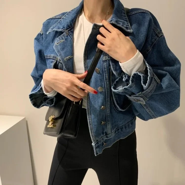 Korean Fashion Womens Flip Collar Demin Jacket Casual Loose Fluffy Sleeves Crop Coat Womens Fashion Retro Jeans Top 241010