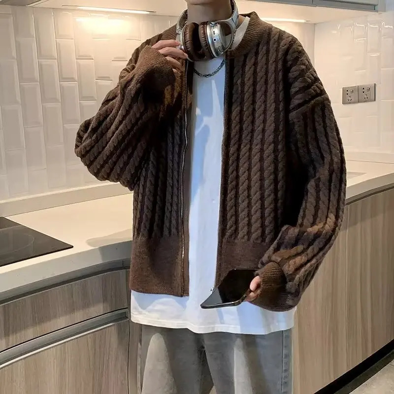 Mens Open Collar Loose Knitted Jacket Warm Korean Fashion Harajuku Sweater Mens Retro Long Sleeve Color Blocked Jacket 241011