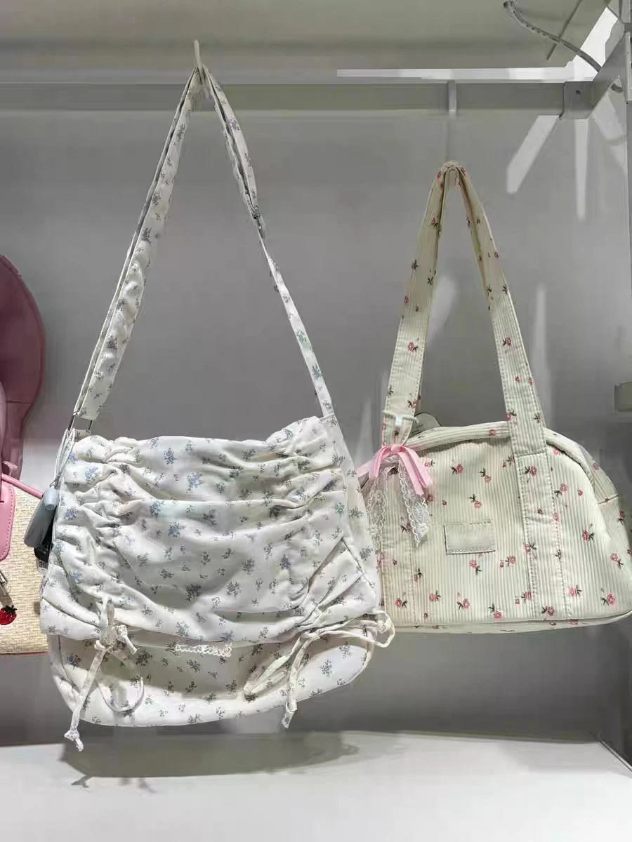 Miyagawa Sweet Folded Horizontal Bag Korean Niche Flower Large Capacity Canvas Bag 241008