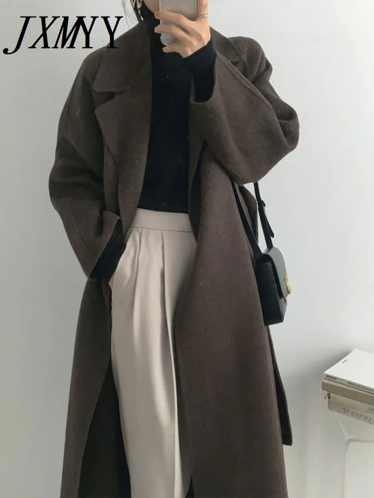 JXMYY French Lazy Style Warm Female Fresh Winter 2024 Classical Belt Retro Loose Women Woolen Coats Chic Casual Long Coat 240930