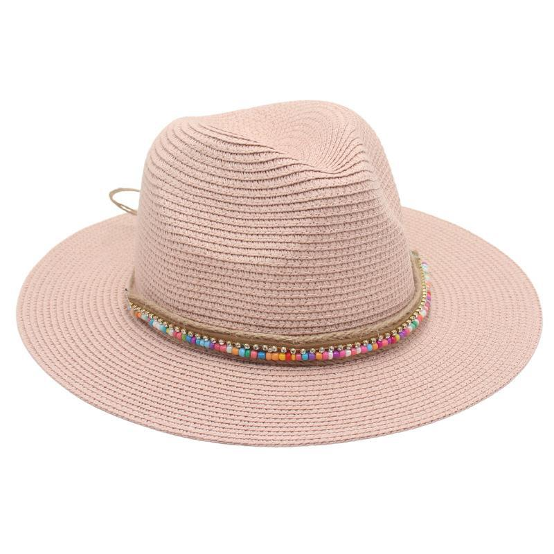 Ethnic Style Summer Panama Straw Hat with Rainbow Beads for Dance Performances & Beach Wear