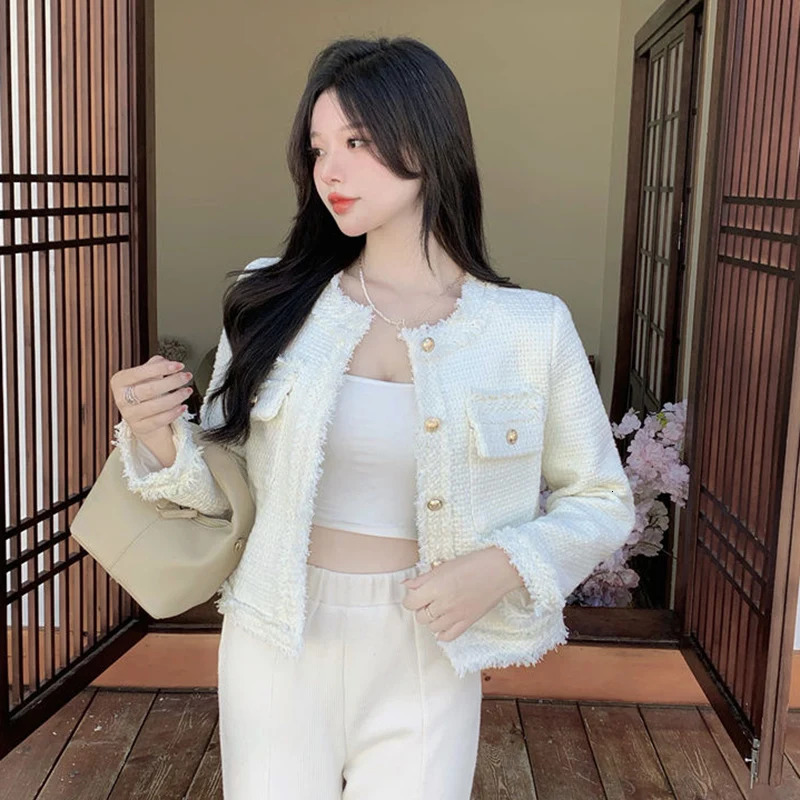 Rimboy fashionable and elegant white tweed jacket for women aesthetic long sleeved jacket for women round neck cut jacket for women 240930